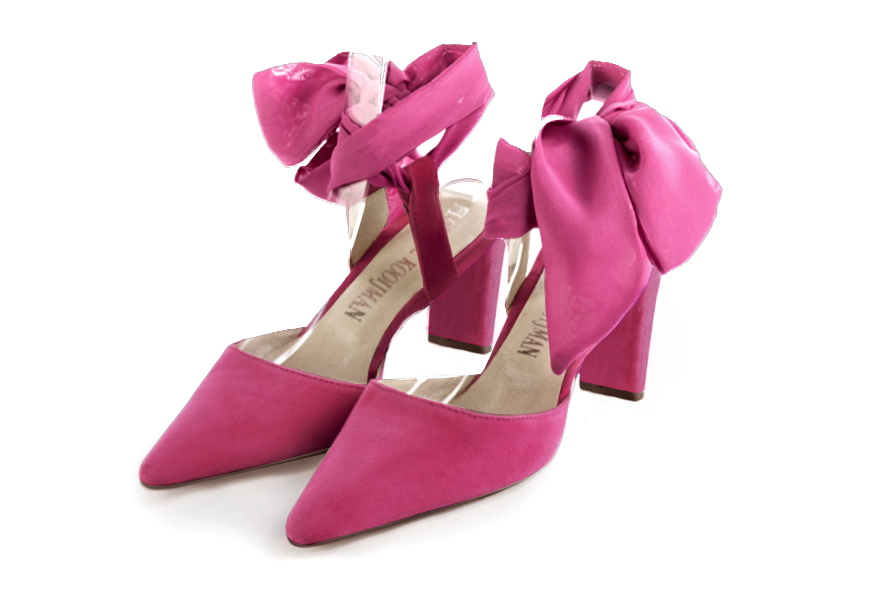 French elegance and refinement for these fuschia pink dress open back shoes, with an ankle scarf, 
                available in many subtle leather and colour combinations. This pretty pump will sublimate your leg with its scarf tied at the ankle.  
                Matching clutches for parties, ceremonies and weddings.   
                You can customize these shoes to perfectly match your tastes or needs, and have a unique model.  
                Choice of leathers, colours, knots and heels. 
                Wide range of materials and shades carefully chosen.  
                Rich collection of flat, low, mid and high heels.  
                Small and large shoe sizes - Florence KOOIJMAN